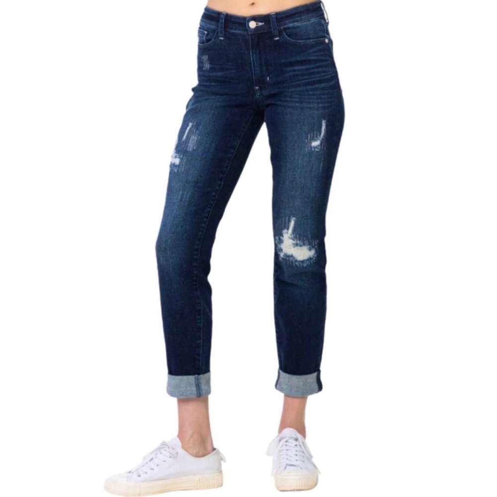 JUDY BLUE Boyfriend Fit Jean 25 Dark Wash Distressed Denim Mid Rise Stretch